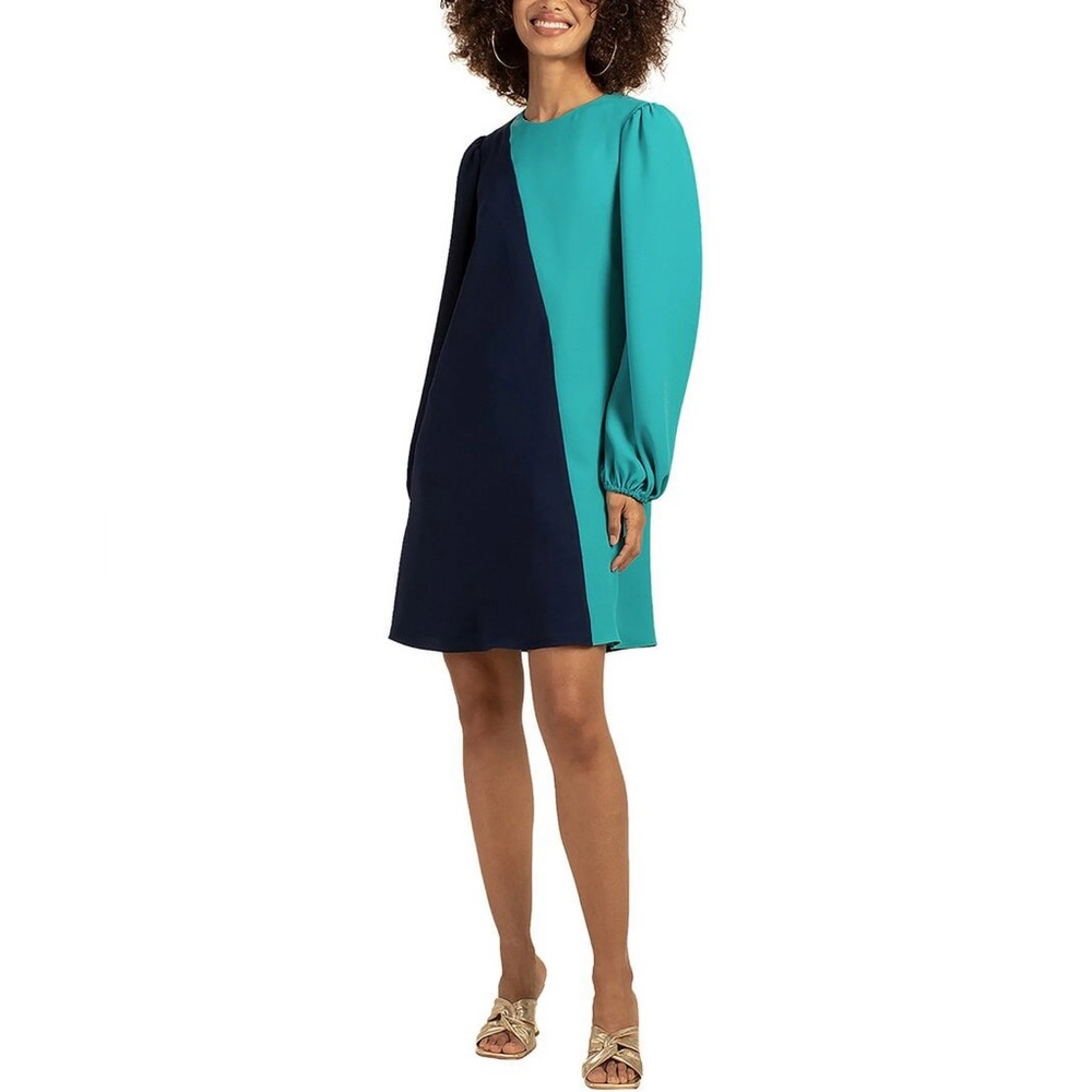 🐠 Trina Turk Teal and Navy Long Sleeve Dress size L